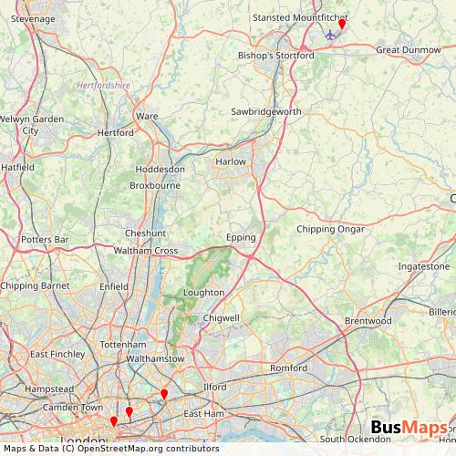 Transit Data for United Kingdom by Airport Bus Express with Stops on Map