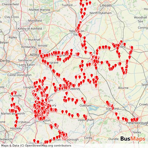Transit Data for United Kingdom by Centrebus Midlands with Stops on Map
