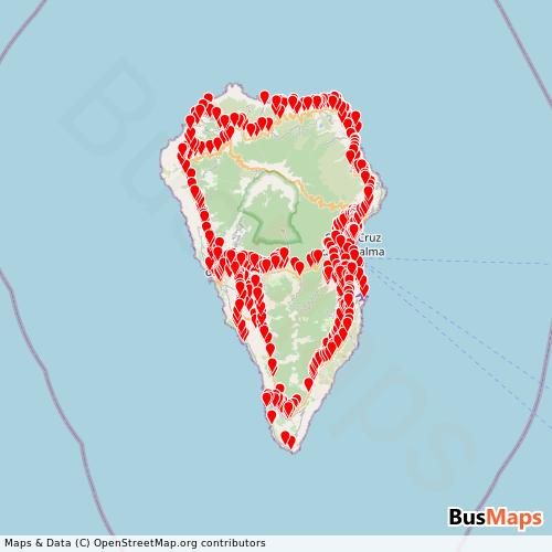 Transit Data for Spain by Transportes Insular La Palma with Stops on Map