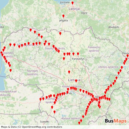 Transit Data for Lithuania by LTG Link with Stops on Map