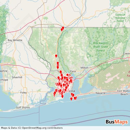 Transit Data for United States by Escambia County Area Transit with Stops on Map