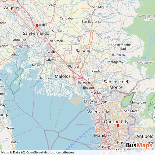 Transit Data for Philippines by First North Luzon Transit, Inc.;Philippine Rabbit Bus Lines, Inc.;Rj Express, Inc.;Victory Liner, Inc. with Stops on Map