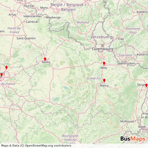 Transit Data for France by Blablacar Bus with Stops on Map
