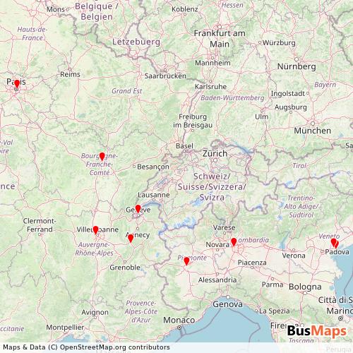 Transit Data for Italy by Blablacar Bus with Stops on Map
