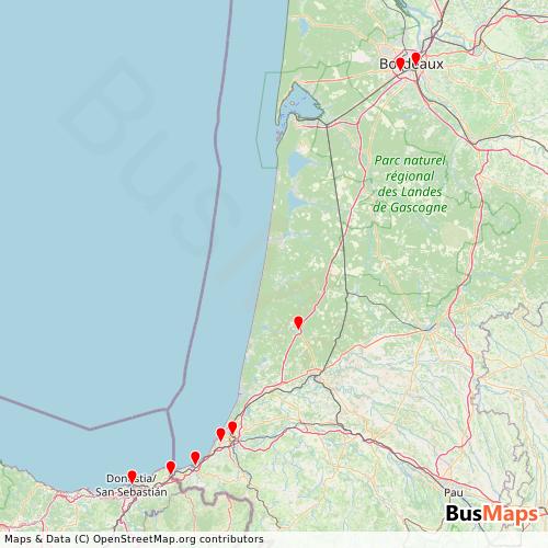 Transit Data for France by Blablacar Bus with Stops on Map