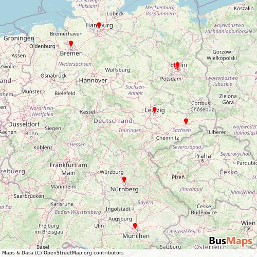 Transit Data for Germany by Blablacar Bus with Stops on Map