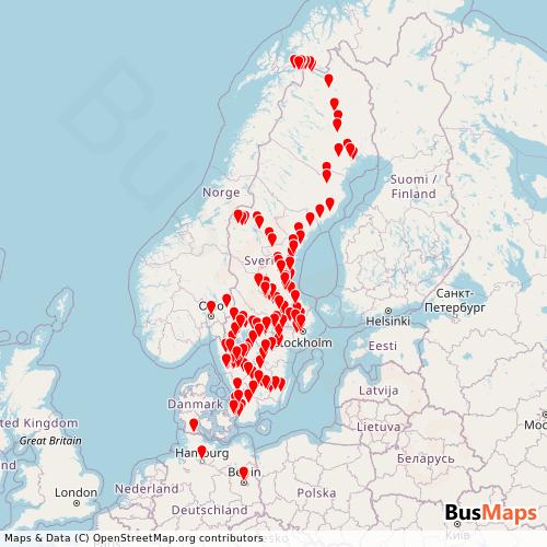 Transit Data for Sweden by SJ Ab with Stops on Map
