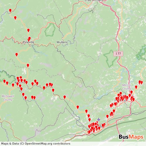 Transit Data for United States by Bluefield Area Transit with Stops on Map