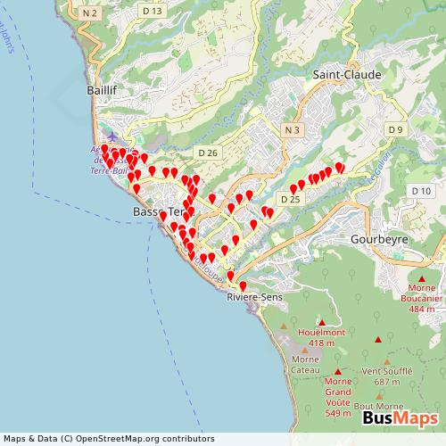 Transit Data for Guadeloupe by Basse-Terre with Stops on Map
