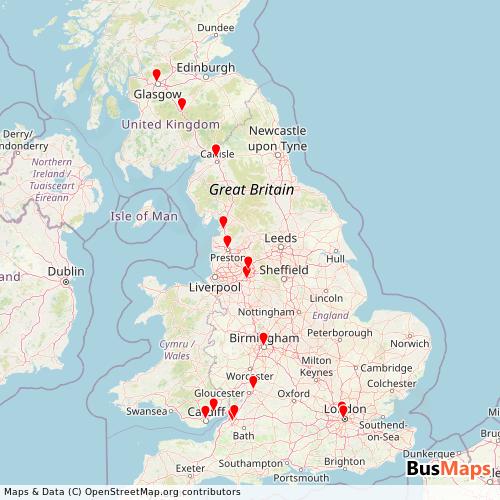 Transit Data for United Kingdom by Megabus with Stops on Map
