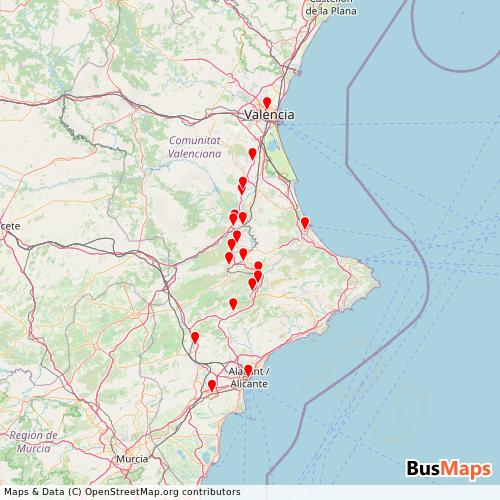 Transit Data for Spain by València - Alacant/Elx with Stops on Map