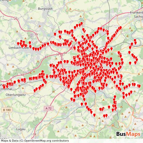Transit Data for Germany by SV Chemnitz Bus with Stops on Map