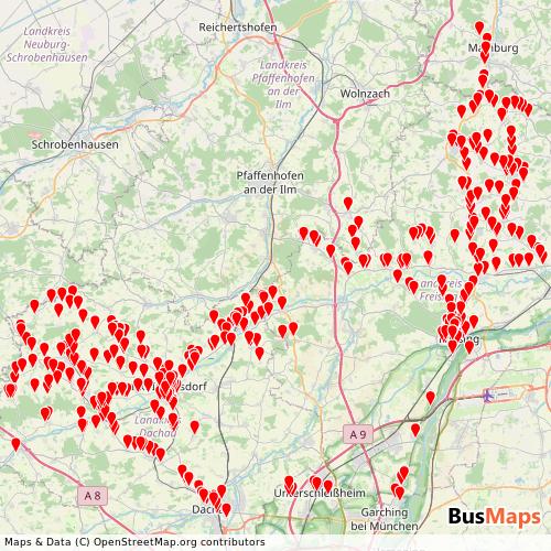 Transit Data for Germany by Stanglmeier with Stops on Map