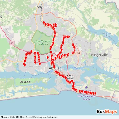 Transit Data for Côte d'Ivoire by Express with Stops on Map