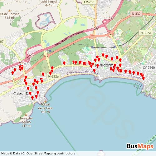 Transit Data for Spain by La Marina Baixa with Stops on Map