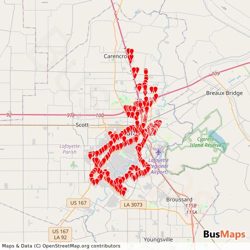 Transit Data for United States by Lafayette Transit System with Stops on Map