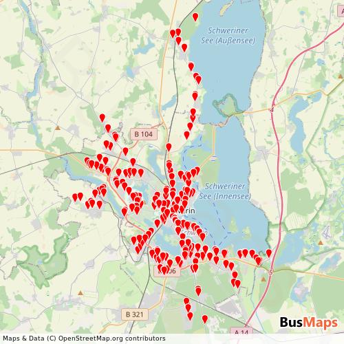 Transit Data for Germany by Schwerin Bus with Stops on Map