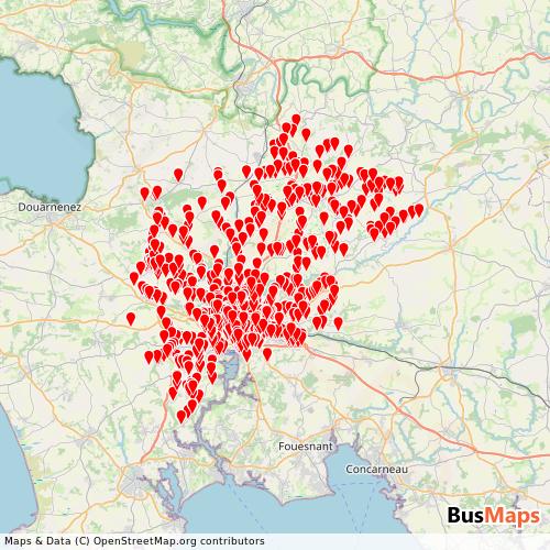 Transit Data for France by QUB (Quimper urbain) with Stops on Map