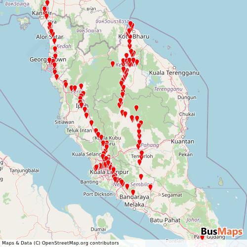 Transit Data for Malaysia by Keretapi Tanah Melayu with Stops on Map