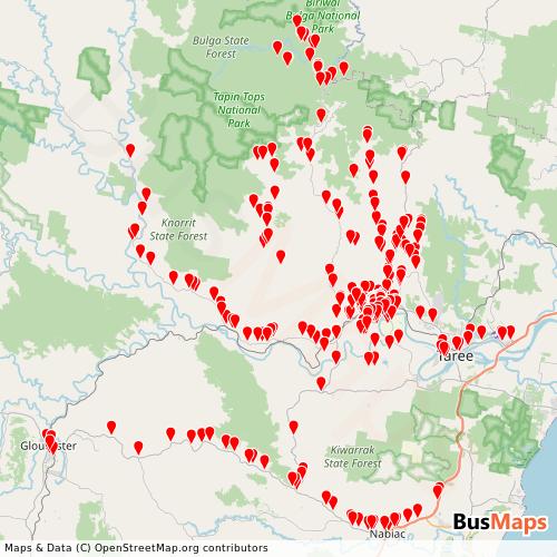 Transit Data for Australia by Wingham Buslines with Stops on Map