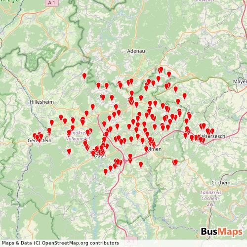Transit Data for Germany by Rhein-Mosel Verkehrsgesellschaft mbh with Stops on Map