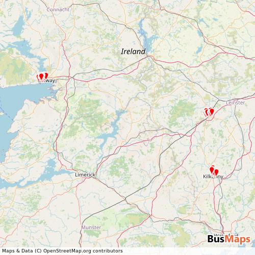 Transit Data for Ireland by City Direct with Stops on Map