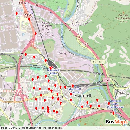 Transit Data for Spain by Martorell with Stops on Map