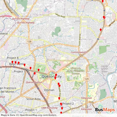 Transit Data for Philippines by Lungsod Quezon with Stops on Map