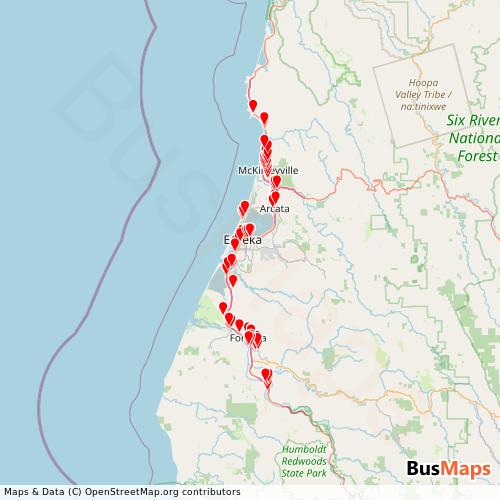 Transit Data for United States by Redwood Transit System with Stops on Map