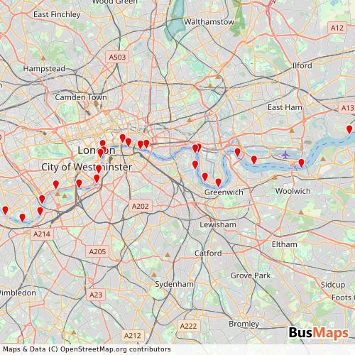 Transit Data for United Kingdom by Thames Clippers with Stops on Map