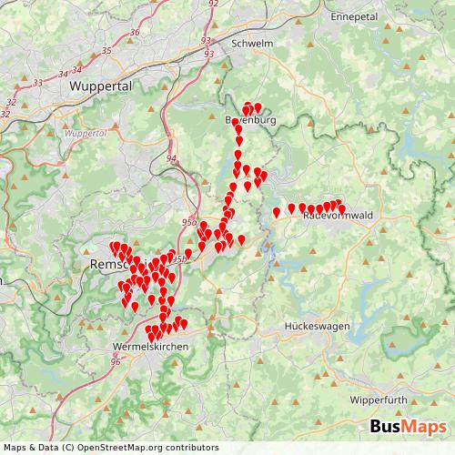 Transit Data for Germany by SR Stadtwerke Remscheid Gmbh with Stops on Map