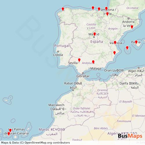 Transit Data for Spain by Royal Air Maroc with Stops on Map
