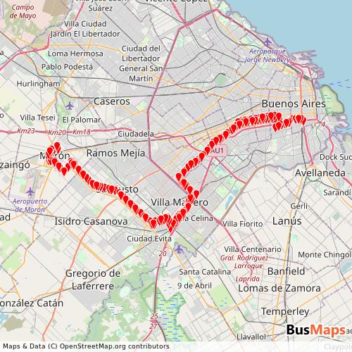 Transit Data for Argentina by BUS DEL Oeste S.A. with Stops on Map