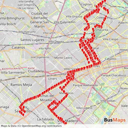 Transit Data for Argentina by Bernardino Rivadavia S.A.T.A. with Stops on Map