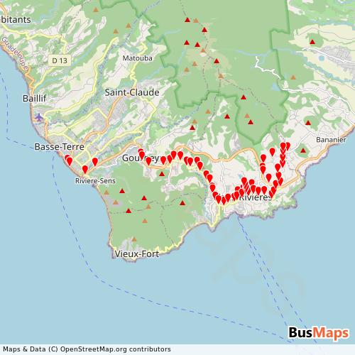Transit Data for Guadeloupe by Trois-Rivieres with Stops on Map