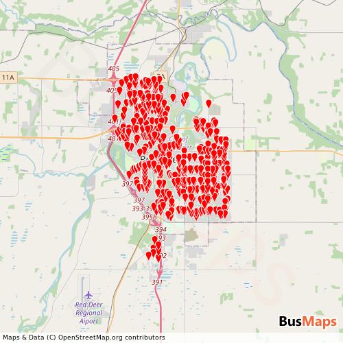 Transit Data for Canada by Red Deer Transit with Stops on Map