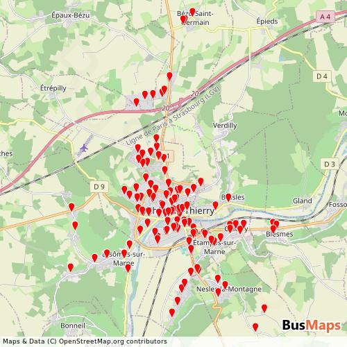 Transit Data for France by Keolis chateau-thierry with Stops on Map