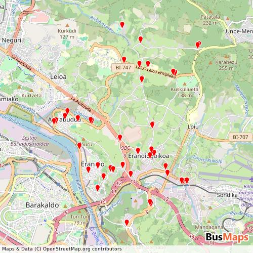 Transit Data for Spain by Erandiobusa with Stops on Map
