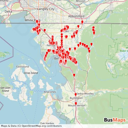 Transit Data for United States by Whatcom Transportation Authority with Stops on Map