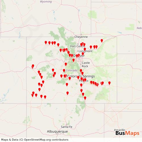 Transit Data for United States by Bustang Outrider with Stops on Map