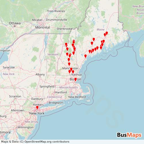 Transit Data for United States by Concord Coach Lines with Stops on Map