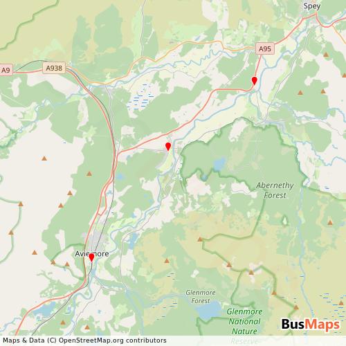 Transit Data for United Kingdom by Strathspey Steam Railway with Stops on Map