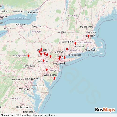 Transit Data for United States by Martz Bus with Stops on Map