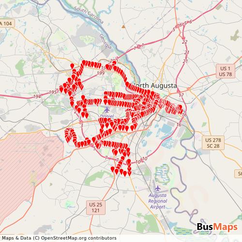 Transit Data for United States by Augusta Georgia with Stops on Map