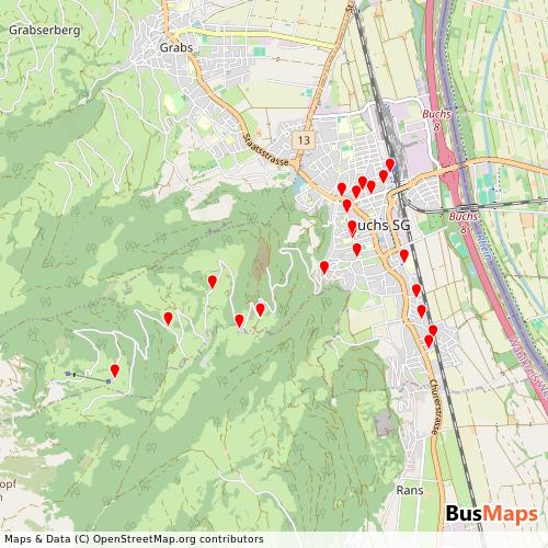 Transit Data for Liechtenstein by Bus Buchserberg with Stops on Map