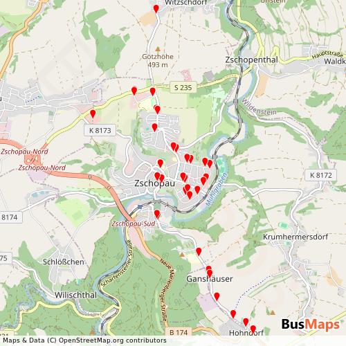 Transit Data for Germany by SV Zschopau Bus with Stops on Map