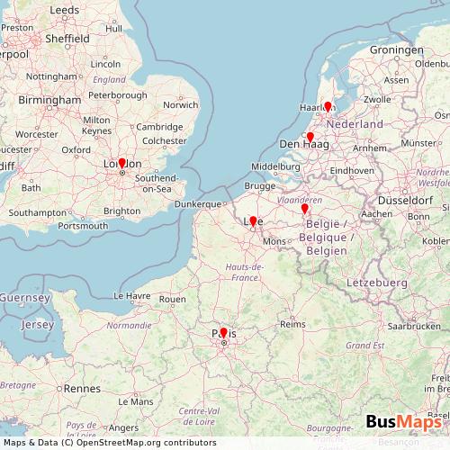 Transit Data for United Kingdom by Eurostar with Stops on Map