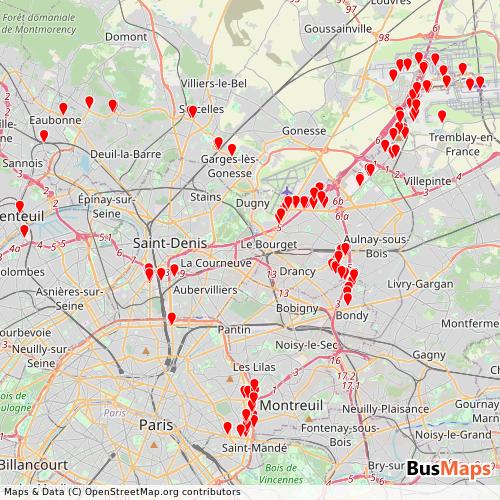 Transit Data for France by Express Roissy with Stops on Map
