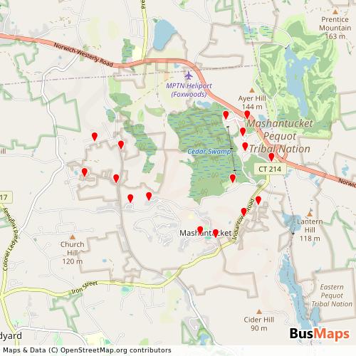 Transit Data for United States by Mashantucket Pequot Tribal Transportation with Stops on Map