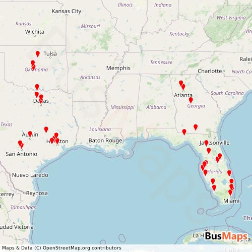 Transit Data for United States by Redcoach with Stops on Map